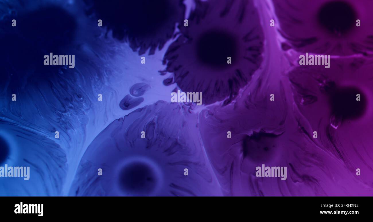 Texture éclaboussée. Goutte de peinture. Couleur néon violette bleue floue, gouttelettes rondes chimiques, pigment liquide s'étalant sur un fond acrylique abstrait. Banque D'Images