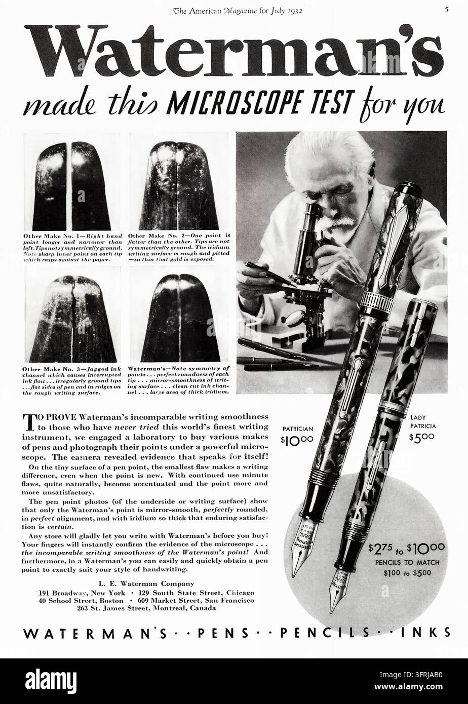 Publicité historique de 1932 du The American Magazine pour les stylos de la Waterman. L’annonce illustrée montre un chercheur en laboratoire examinant des pointes de stylo au microscope, des images comparatives des surfaces de plumes, ainsi que les stylos, crayons et encres Patrician et Lady Patricia de Waterman. Le texte imprimé met en avant la fluidité d’écriture, les pointes en iridium et la Waterman’s Pen Company. Banque D'Images