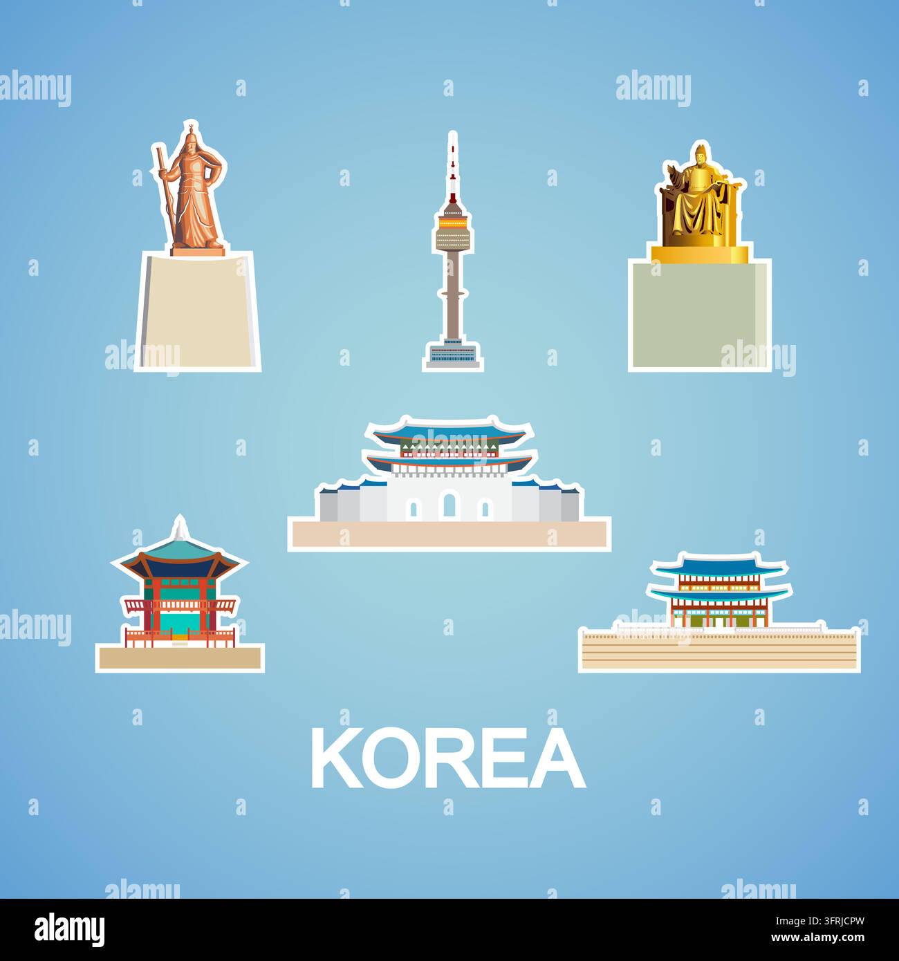 Ensemble d'autocollants monuments du sud de la Corée palais Gyeongbok, palais Gyeongbokgung, tour de Séoul, roi Taejong et Yi Sun-sin. Visites des monuments du sud de la Corée avec st Illustration de Vecteur