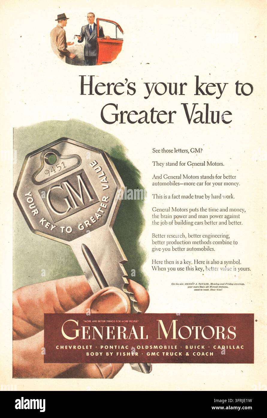 Annonce illustrée historique de General Motors parue dans The American Weekly, le 10 octobre 1948, une section de 48 pages du Chicago Herald-American publiée par Hearst Publishing Company, Inc. L'annonce présente une grande clé GM, le slogan "Voici votre clé pour une plus grande valeur", des automobiles et des références à Chevrolet, Pontiac, Oldsmobile, Buick, Cadillac, GMC Truck & Coach et Fisher Body. Banque D'Images