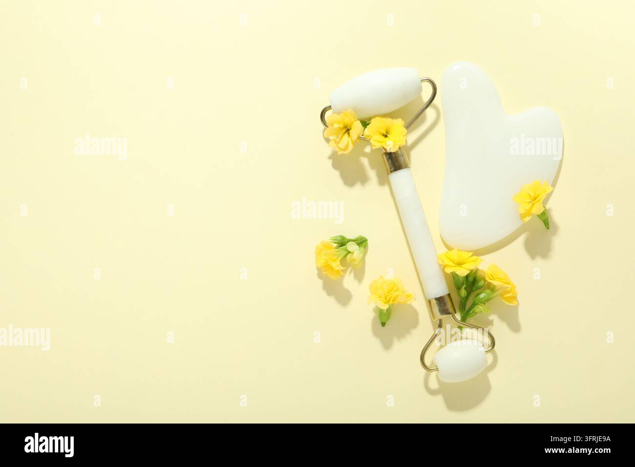 Concept de traitement lifting et tonifiant avec Gua Sha et rouleau pour le visage avec fleurs Banque D'Images