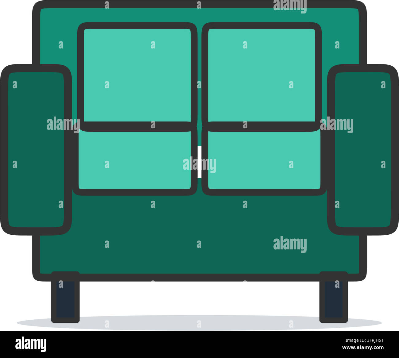 Illustration vectorielle plate d'un canapé trois places bleu-vert avec coussins, accoudoirs larges et pieds courts, isolé sur fond blanc. Icône de salon. Illustration de Vecteur
