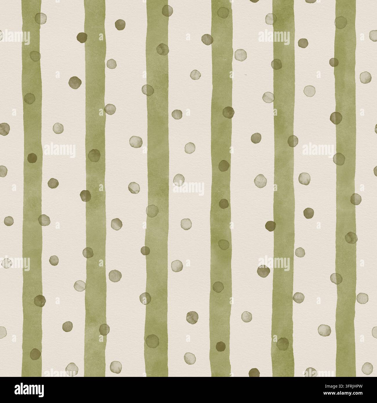 Motif rayé sans couture avec une ligne verte aquarellée et des points sur un fond beige. Des traits verticaux irréguliers créent une texture abstraite. L'art textile convient aux papiers peints et aux tissus modernes. Banque D'Images