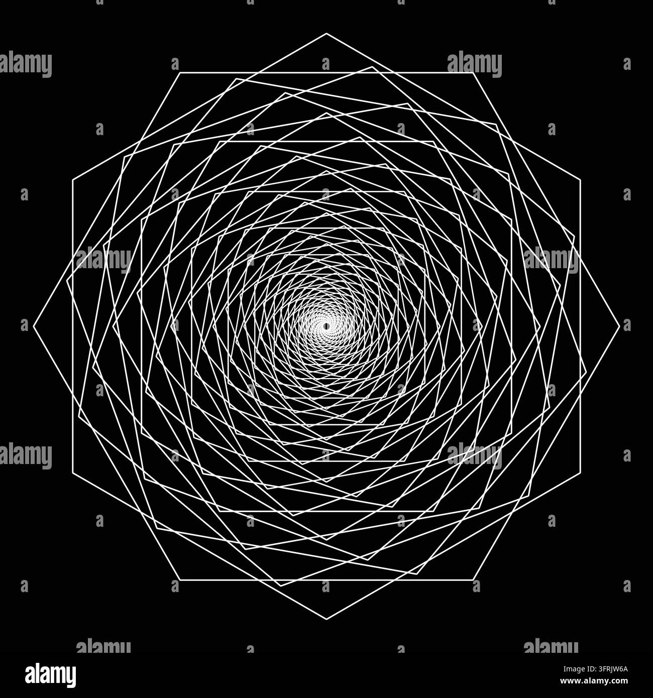 Spirale polygonale blanche complexe formée par des lignes géométriques qui se chevauchent sur un fond noir, créant une illusion optique captivante avec profondeur Illustration de Vecteur