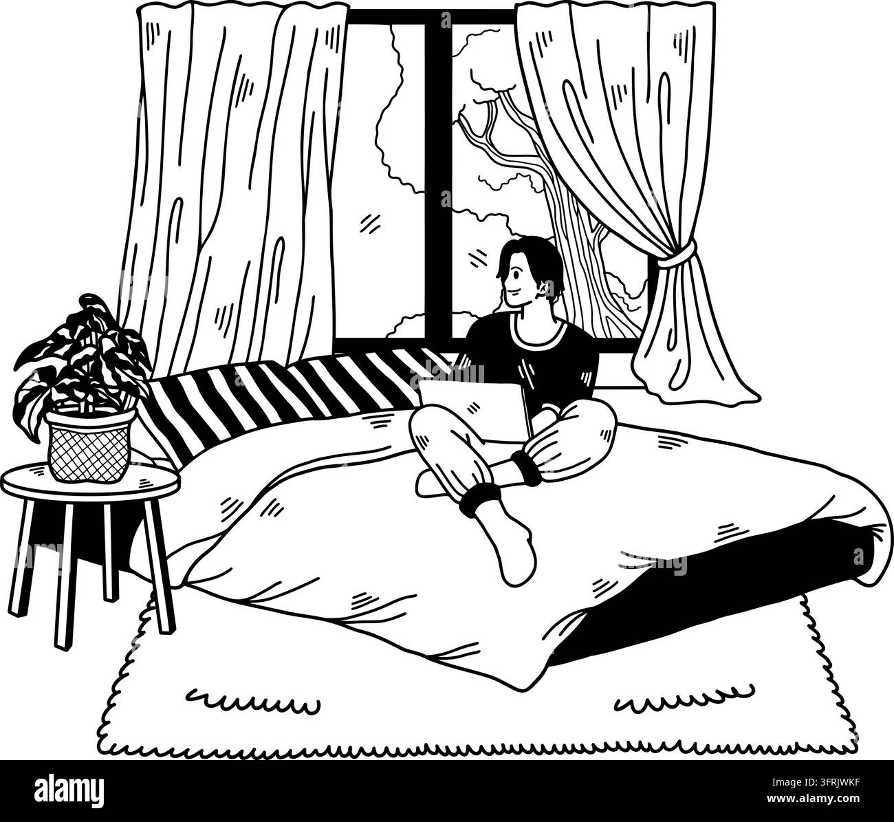 Illustration en noir et blanc d'un homme assis sur le lit utilisant un ordinateur portable et regardant par la fenêtre Illustration de Vecteur