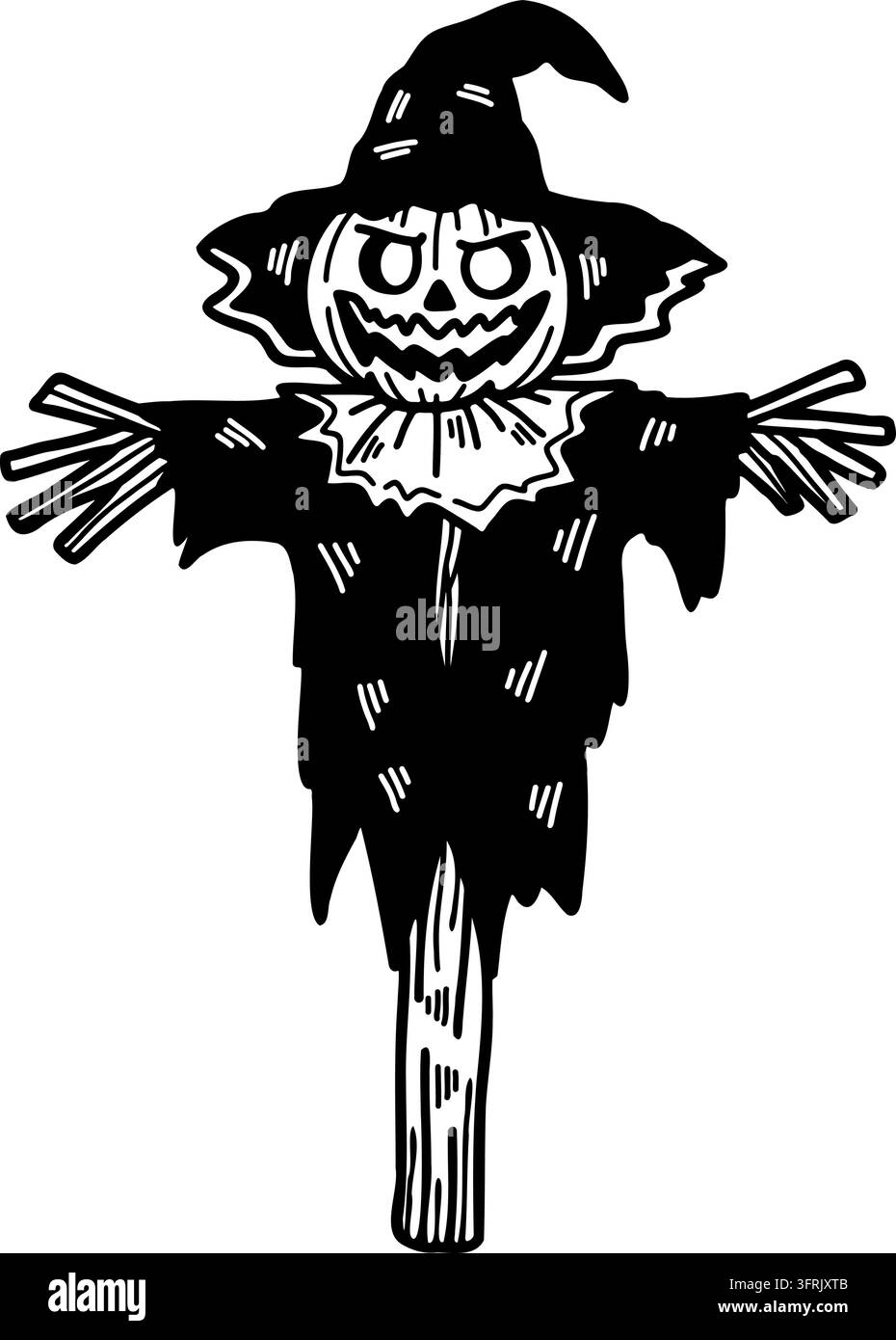Noir et blanc d'une épouvantail à tête de citrouille d'Halloween Illustration de Vecteur