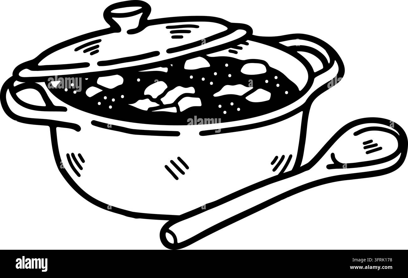 Noir et blanc de pot de soupe de légumes et louche Illustration de Vecteur