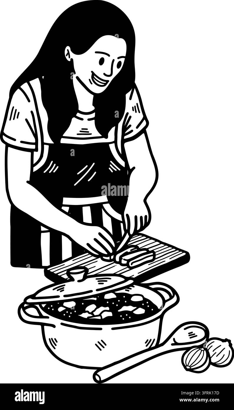 Noir et blanc d'une femme qui coupe des légumes et une grande casserole de soupe Illustration de Vecteur