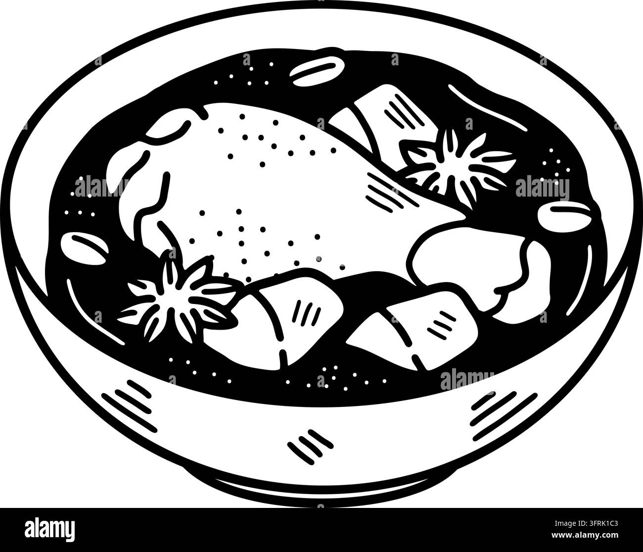 Illustration en noir et blanc du poulet au curry massaman, plat thaïlandais Illustration de Vecteur