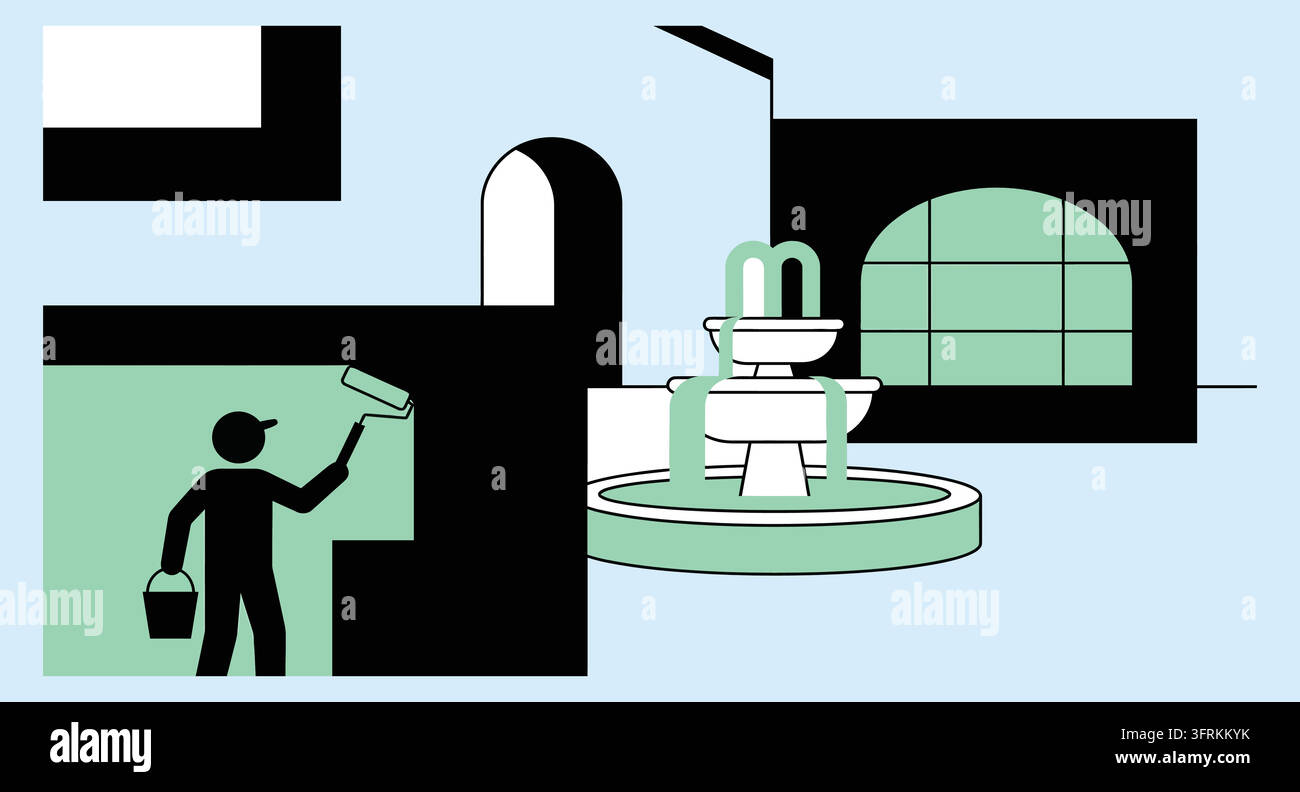 Entrepreneur peint une mur près d'une fontaine décorative de jardin en plein air Illustration de Vecteur