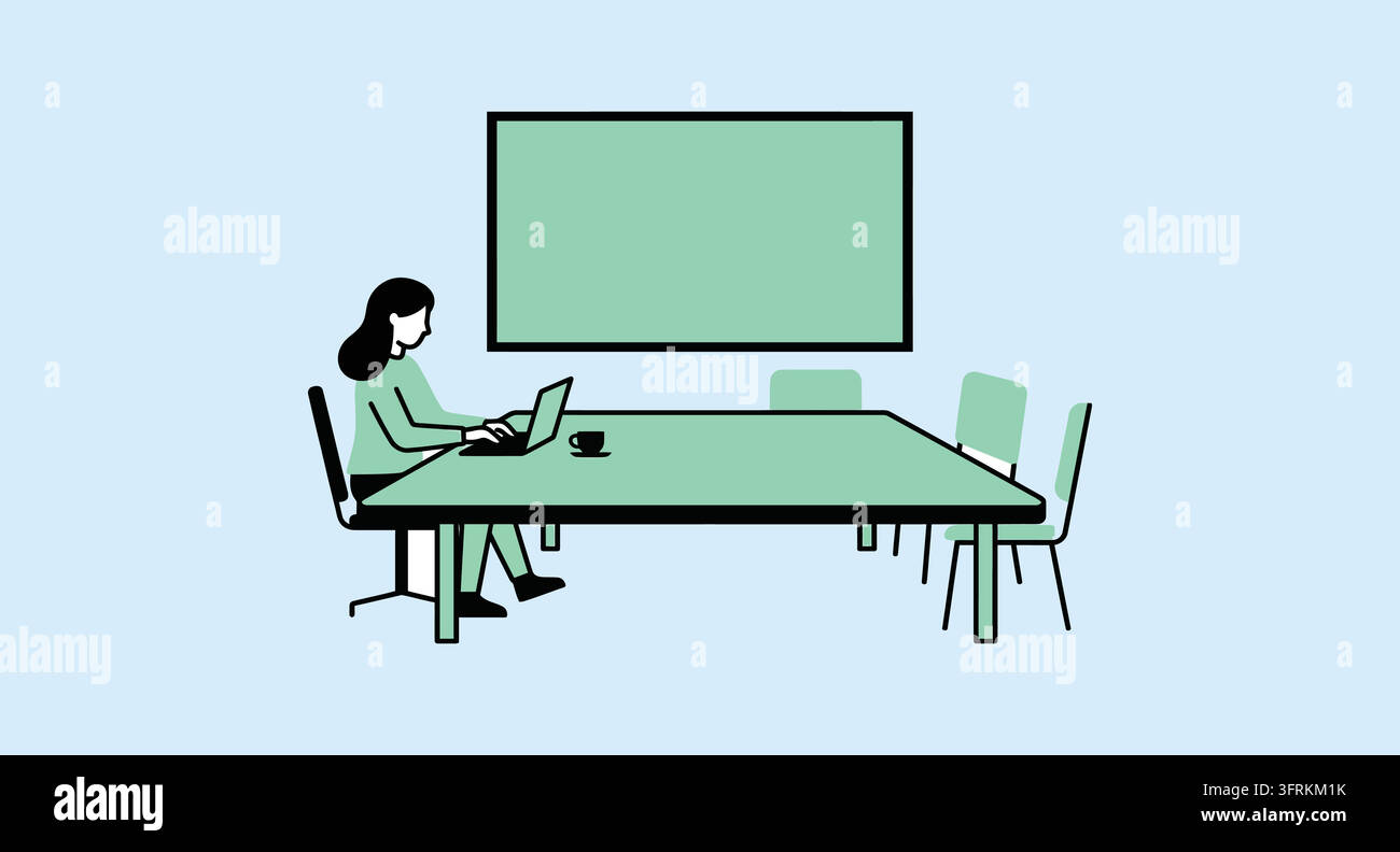 Femme professionnelle assise à une table de conférence avec un écran de présentation Illustration de Vecteur