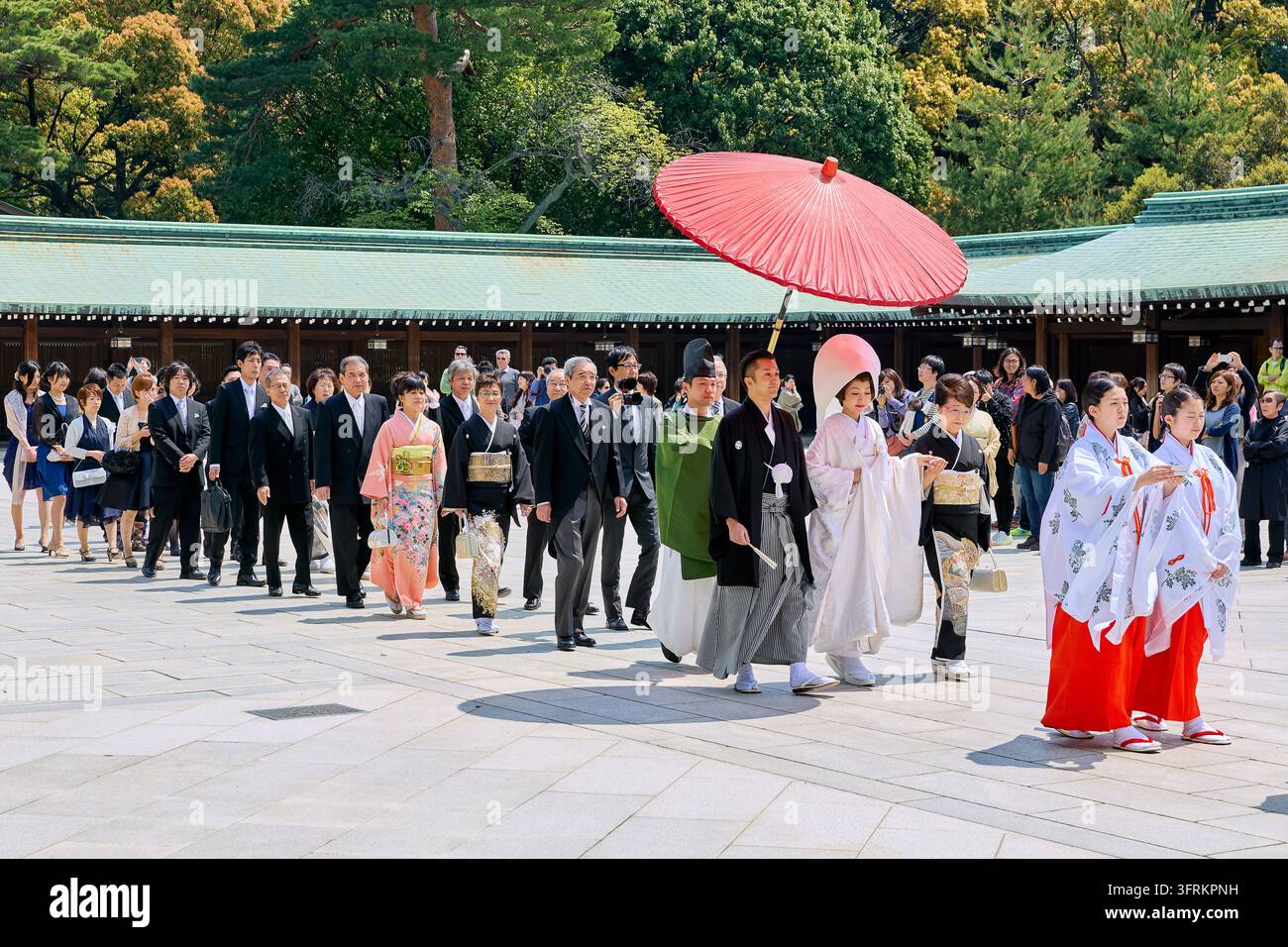 Mariée en shiromuku blanc et marié en hakama marchant sous un parapluie rouge, guidés par des servantes de sanctuaire et un prêtre, suivis par la famille et les invités. Tokyo Banque D'Images