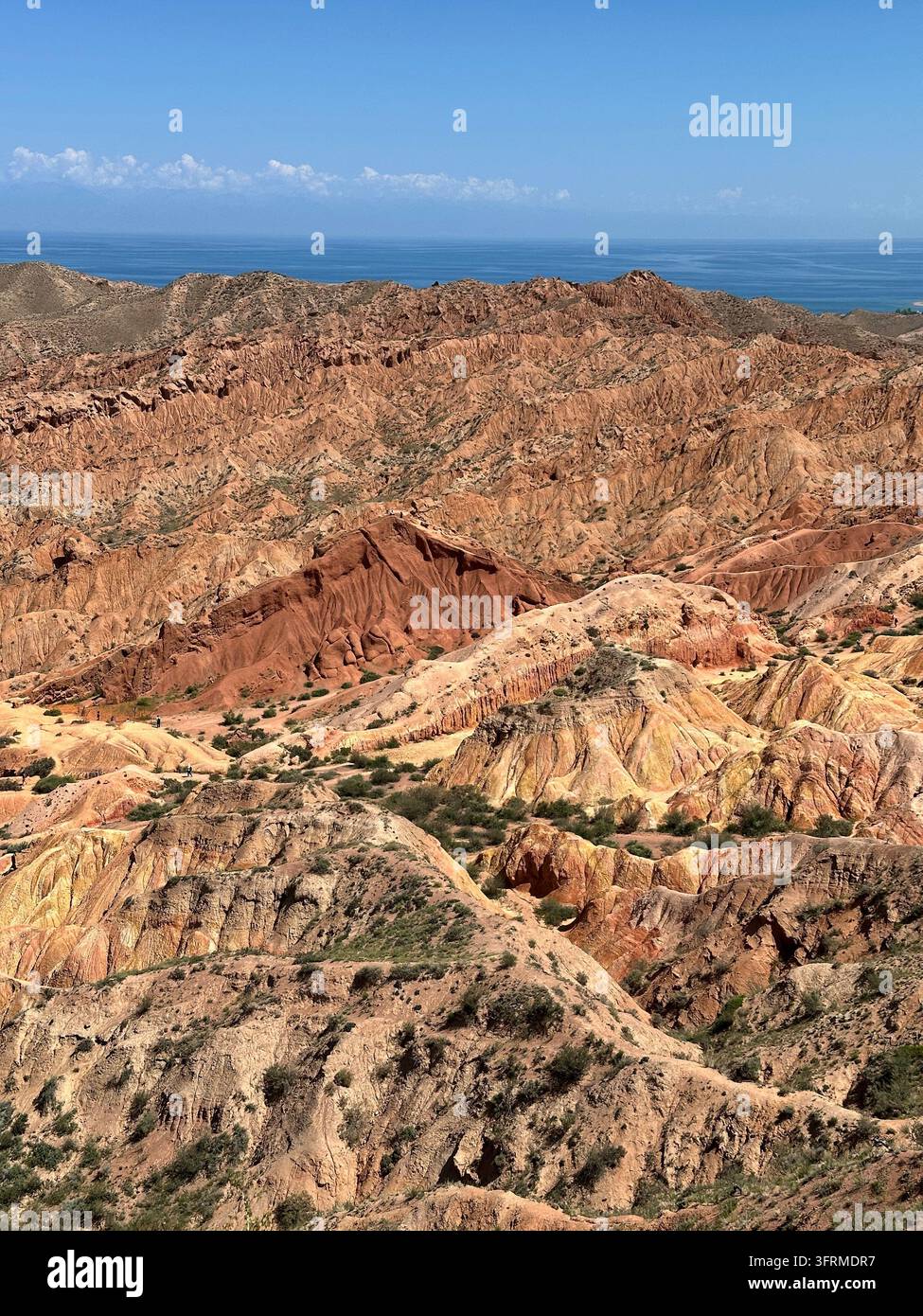 Crêtes arc-en-ciel : des couches de grès rouge s'enroulent à travers le canyon Skazka au-dessus du lac Issyk-Kul, au Kirghizistan Banque D'Images