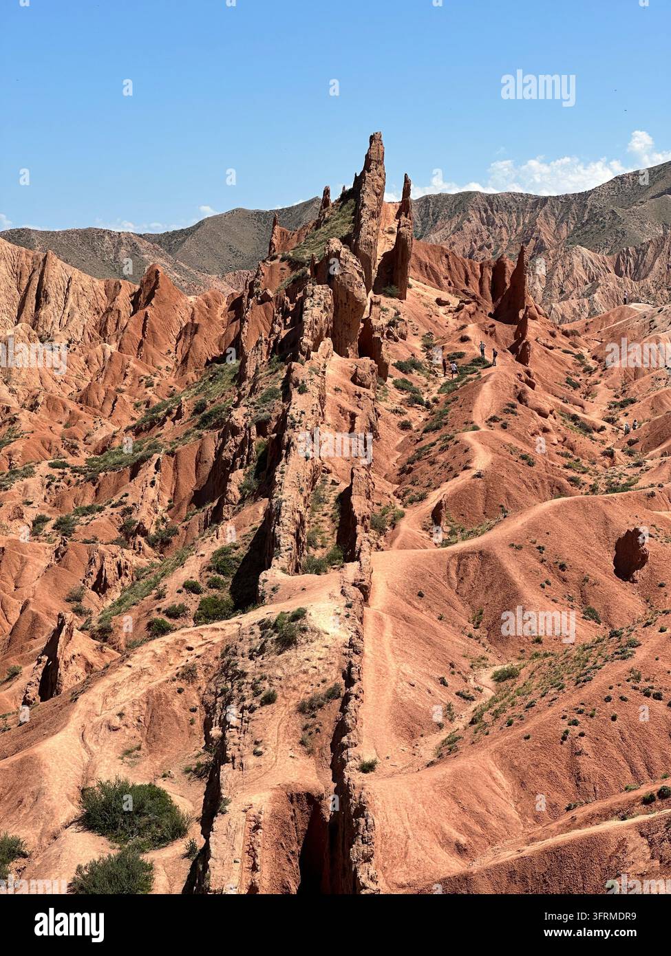 Épine du dragon : des flèches rocheuses rouges et déchiquetées s'élèvent des collines érodées du canyon de Skazka, au Kirghizistan Banque D'Images