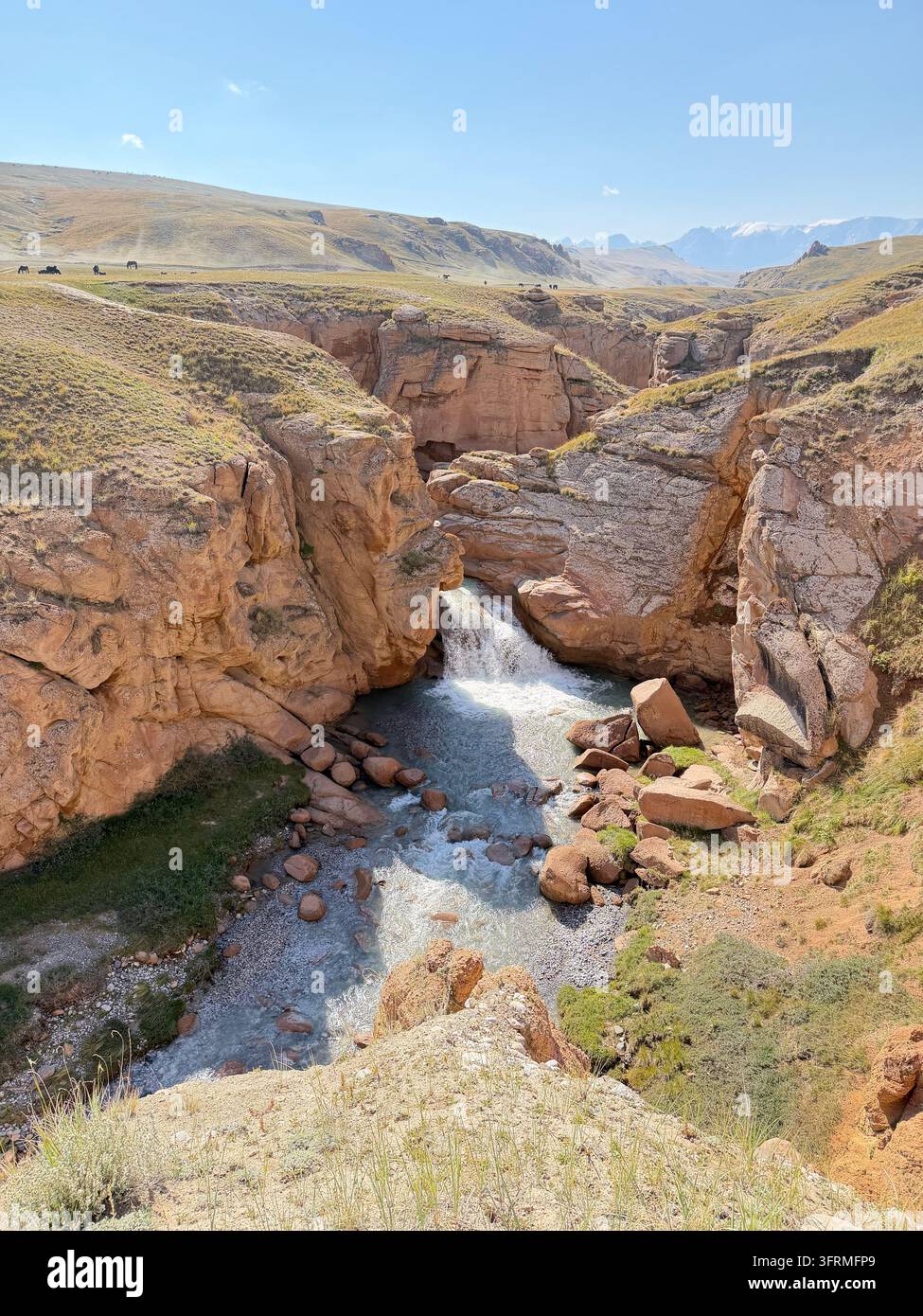 Cascade de canyon : l'eau blanche dévale la gorge de grès rouge du canyon Ulken Kuljabashi, au Kirghizistan Banque D'Images