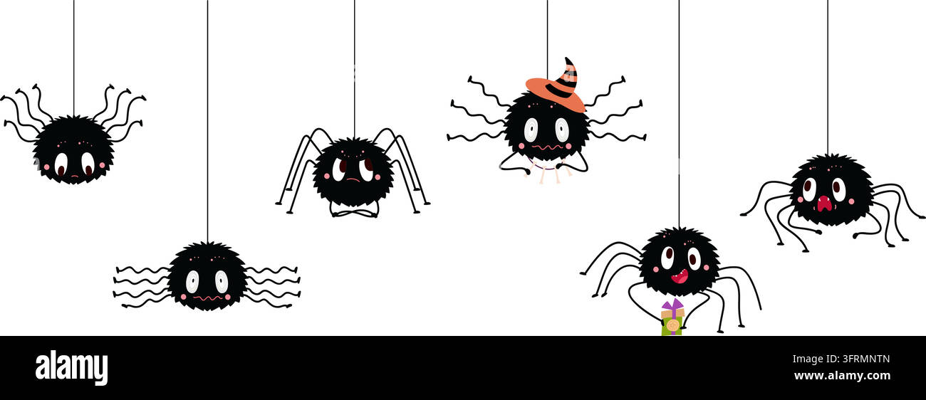 Bannière amusante avec des araignées en dessin animé. Araignée noire suspendue à une corde. Bordure sans couture, élément décoratif pour la décoration intérieure, poster, invitation. Halloween Illustration de Vecteur