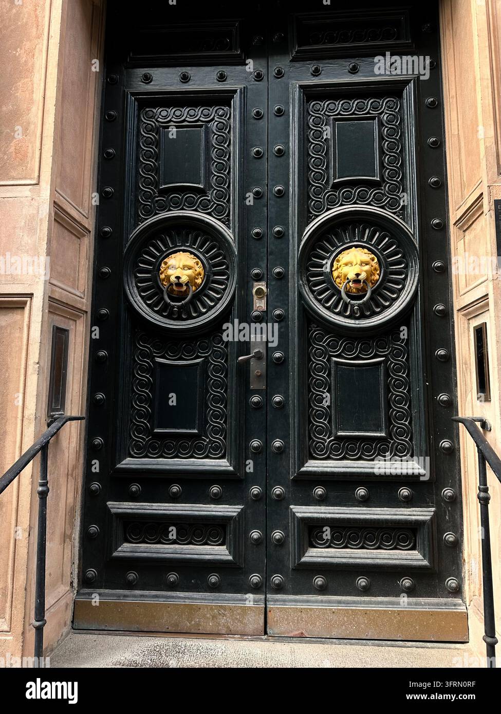 Une double porte noire avec deux heurtoirs dorés en forme de têtes de lion. - Image de stock capturée avec un smartphone