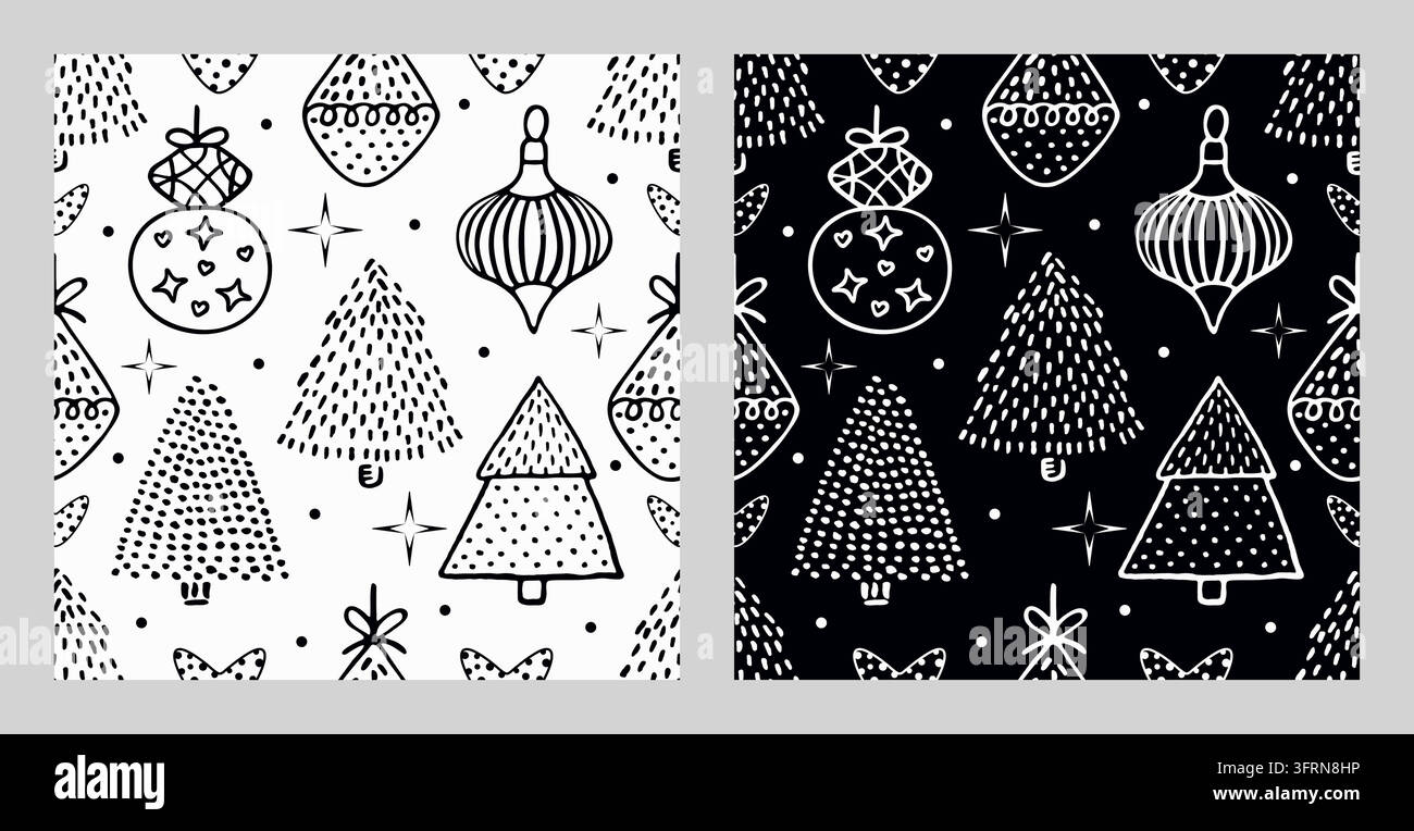 Ensemble de motifs sans couture noirs et blancs de Noël. Fonds sans fin monochromes du Nouvel An avec arbres de Noël et jouets, impression vectorielle festive faite à la main Illustration de Vecteur