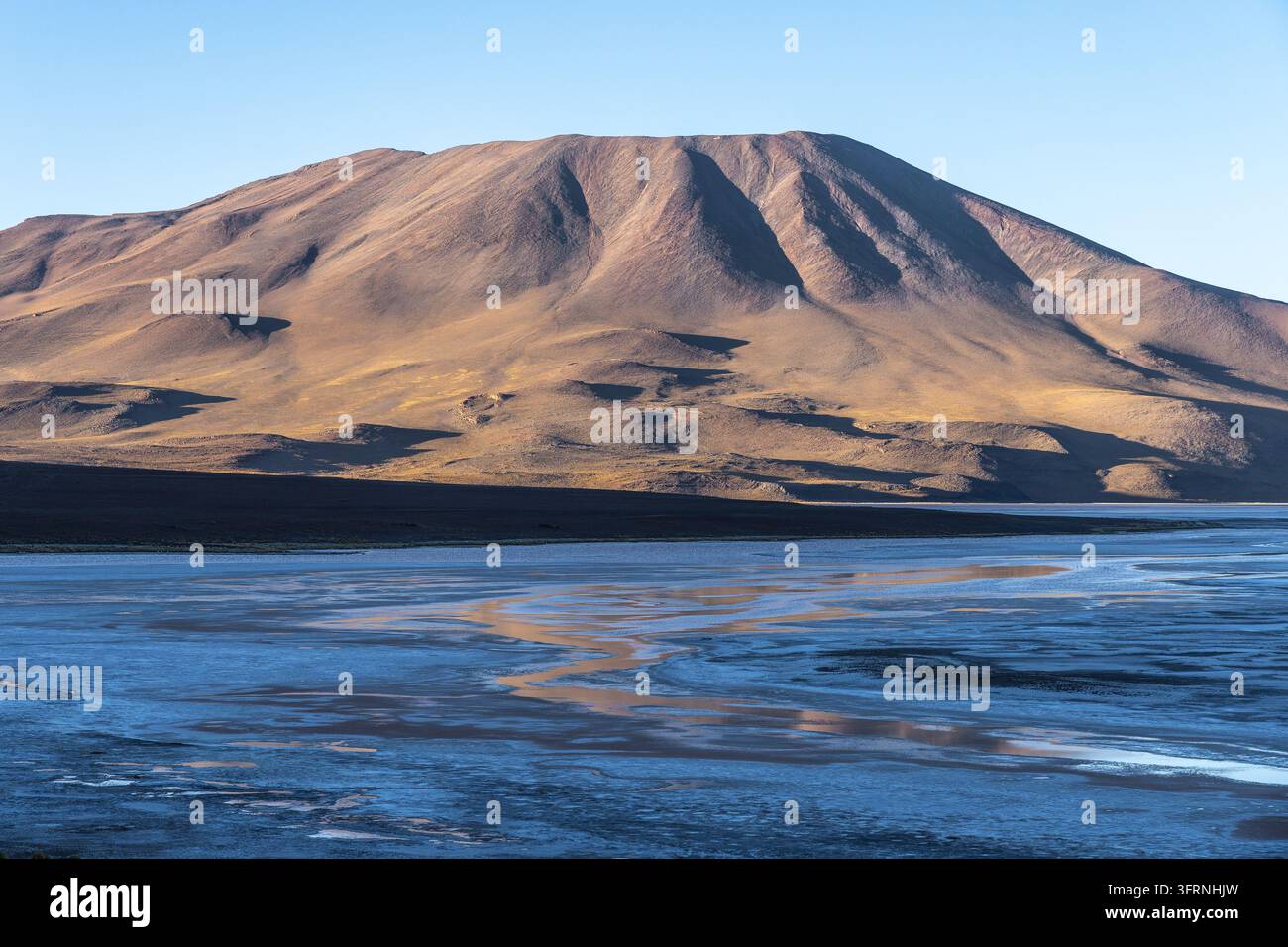 La lumière chaude du soleil révèle des pentes volcaniques superposées s'élevant au-dessus d'une étendue de sel réfléchissante dans les Andes boliviens, où l'eau minérale bleue et la terre sombre créent Banque D'Images
