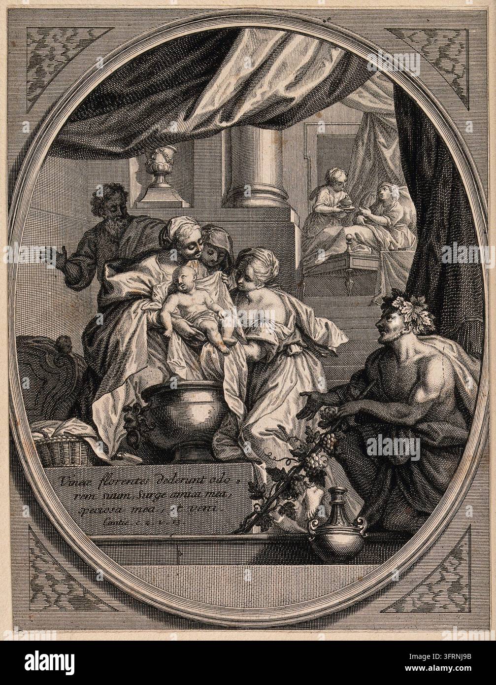 La Vierge Marie nouvellement née est lavée par des servantes ; Bacchus attend près du bain. Gravure de J. Audran Banque D'Images