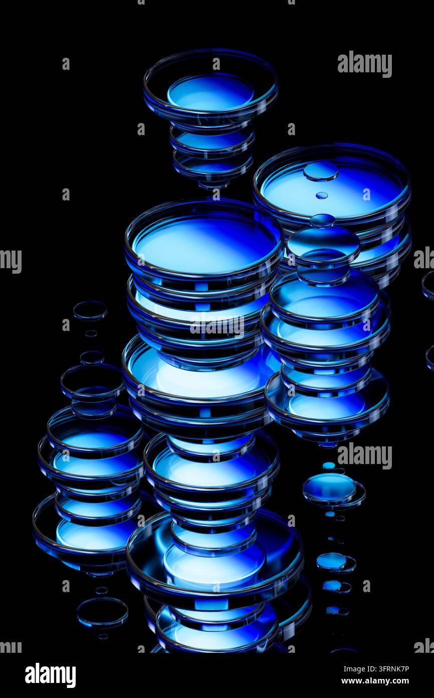 Composition 3D abstraite de formes circulaires en verre bleu translucide et de gouttelettes sur un fond noir, représentant des données numériques, la technologie, la fluidité Banque D'Images