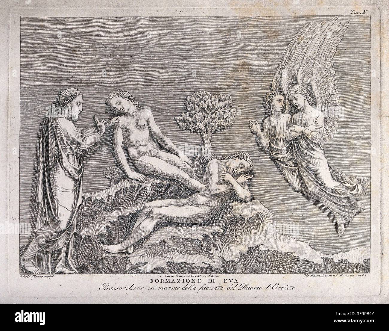 Dieu soulève Ève du côté d'Adam endormi. Gravure de G.B. Leonetti d'après C. Cencioni d'après Nicola Pisano Banque D'Images