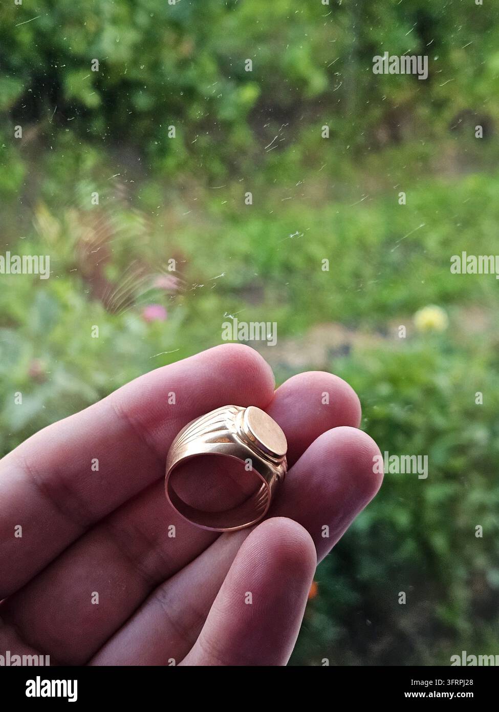 La personne tient une bague en or dans sa main. La bague est à son doigt et c'est une alliance. La personne se tient dans un jardin, entourée de verdure Banque D'Images