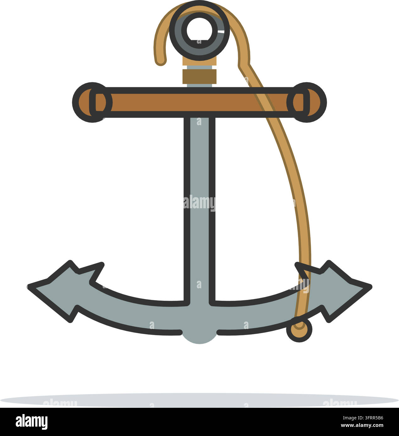 Icône vectorielle plate d'une ancre en acier avec manche en bois, extrémités en boule et une corde passant dans son anneau, symbole nautique pirate isolé sur fond blanc. Illustration de Vecteur