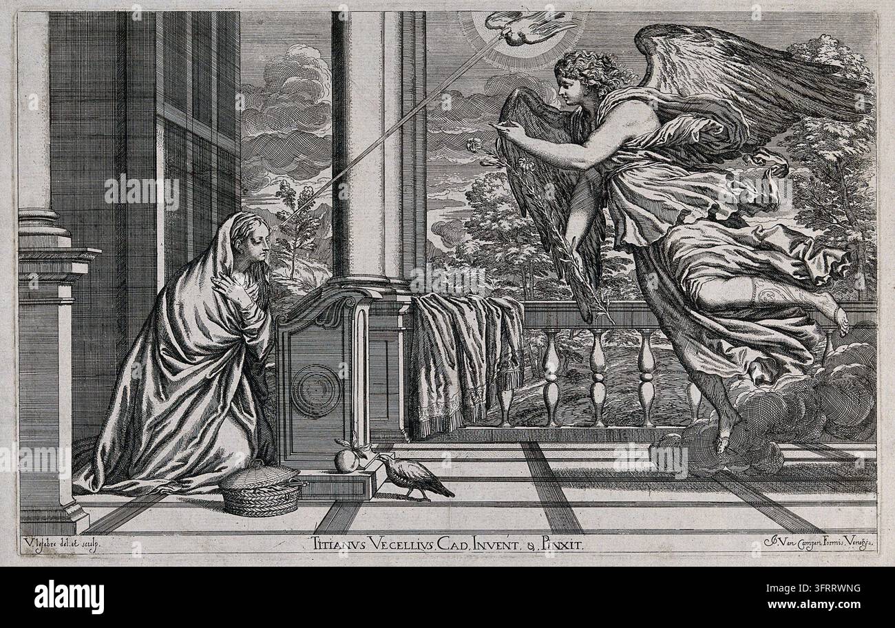 L'ange Gabriel annonce à Marie la naissance de Jésus ; la lumière du Saint-Esprit éclaire son front. Gravure de V. Lefebvre, c. 1670, d'après Titia Banque D'Images