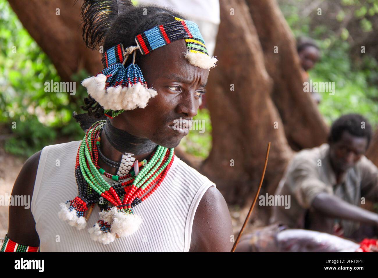 Portrait d'un jeune homme Hamar avec une plume et un bandeau perlé ainsi que des colliers de perles colorés sous une lumière forestière parsemée, Turmi, Éthiopie Banque D'Images