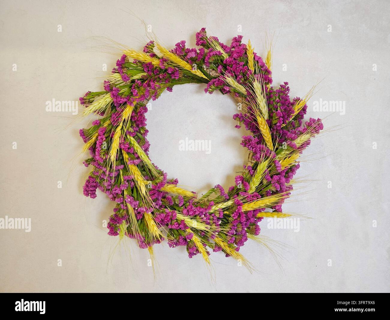 Couronne faite de fleurs violettes et de blé jaune. La couronne est circulaire et présente un schéma de couleurs jaune et violet Banque D'Images