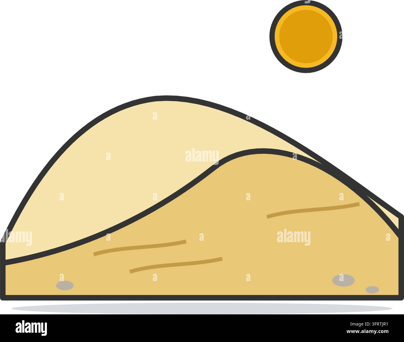 Illustration vectorielle plate de dunes de sable doré du désert avec des ondulations éoliennes, un soleil rond et simple et des cailloux, isolés sur un fond blanc. Illustration de Vecteur