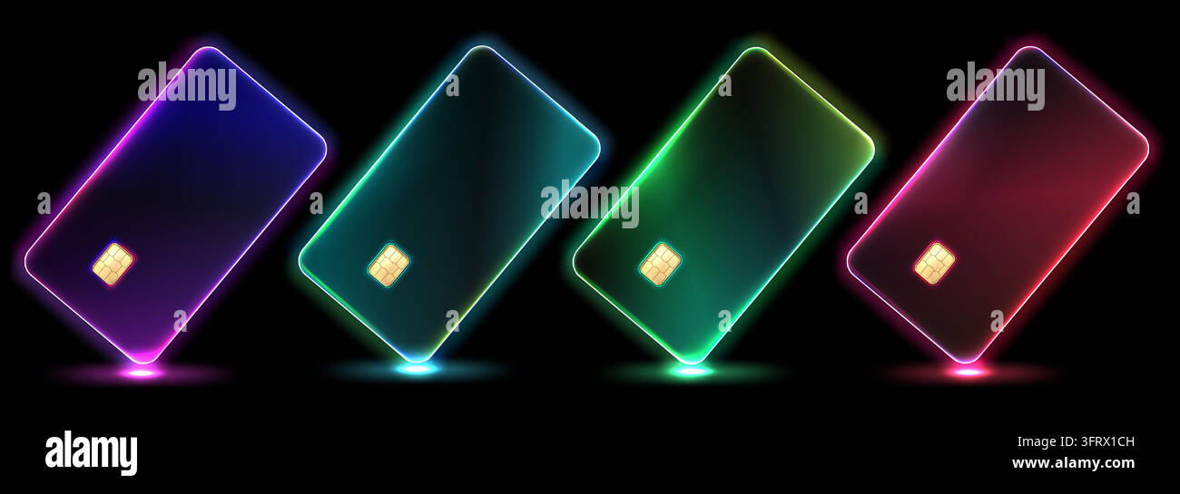Icônes de cartes de crédit en verre 3D avec effet lumineux. Conception néon vectorielle isolée sur fond sombre. Illustration moderne de paiement bancaire avec style glassmorphisme dépoli. Cartes de débit en plastique pour concept bancaire Illustration de Vecteur