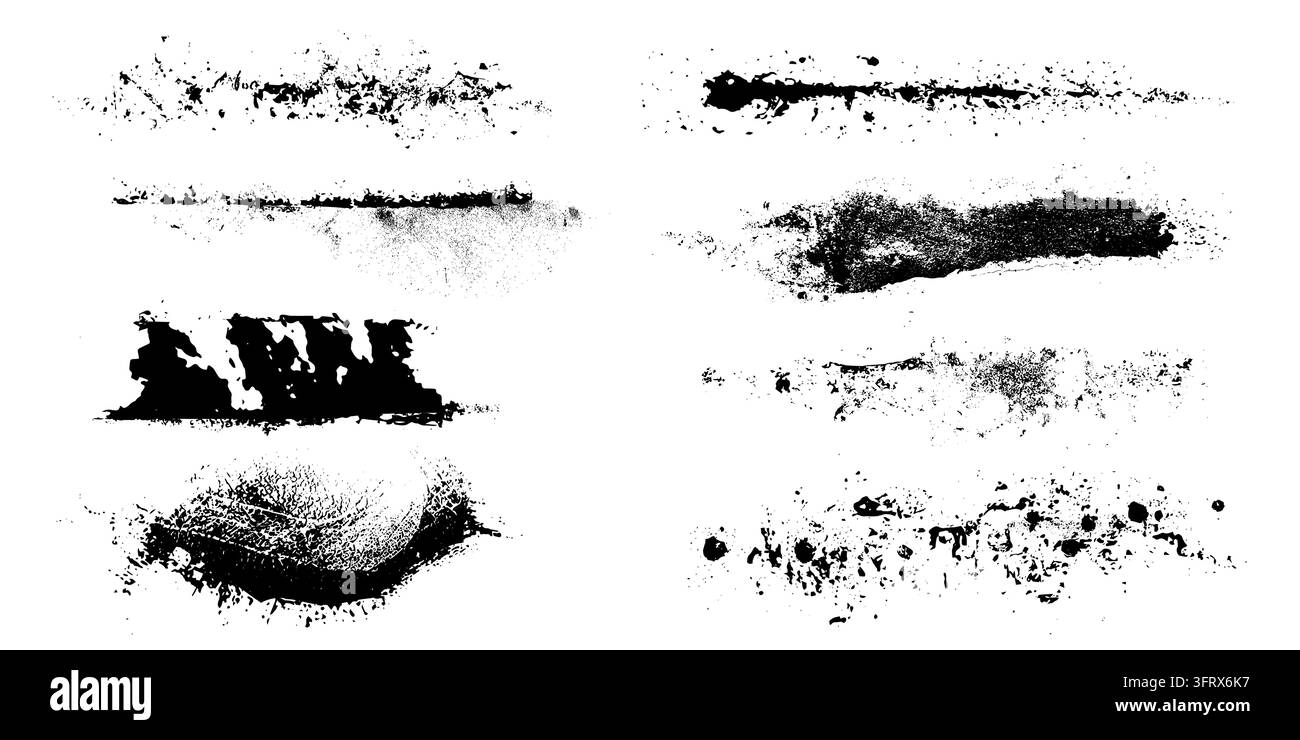 Collection de traits de pinceau à l'encre noire avec effets de texture rugueuse. Motifs grunge vectoriels et silhouettes au charbon pour projets de graphisme et œuvres d'art créatives. Ensemble de taches sales et peinture mascara rugueuse Illustration de Vecteur