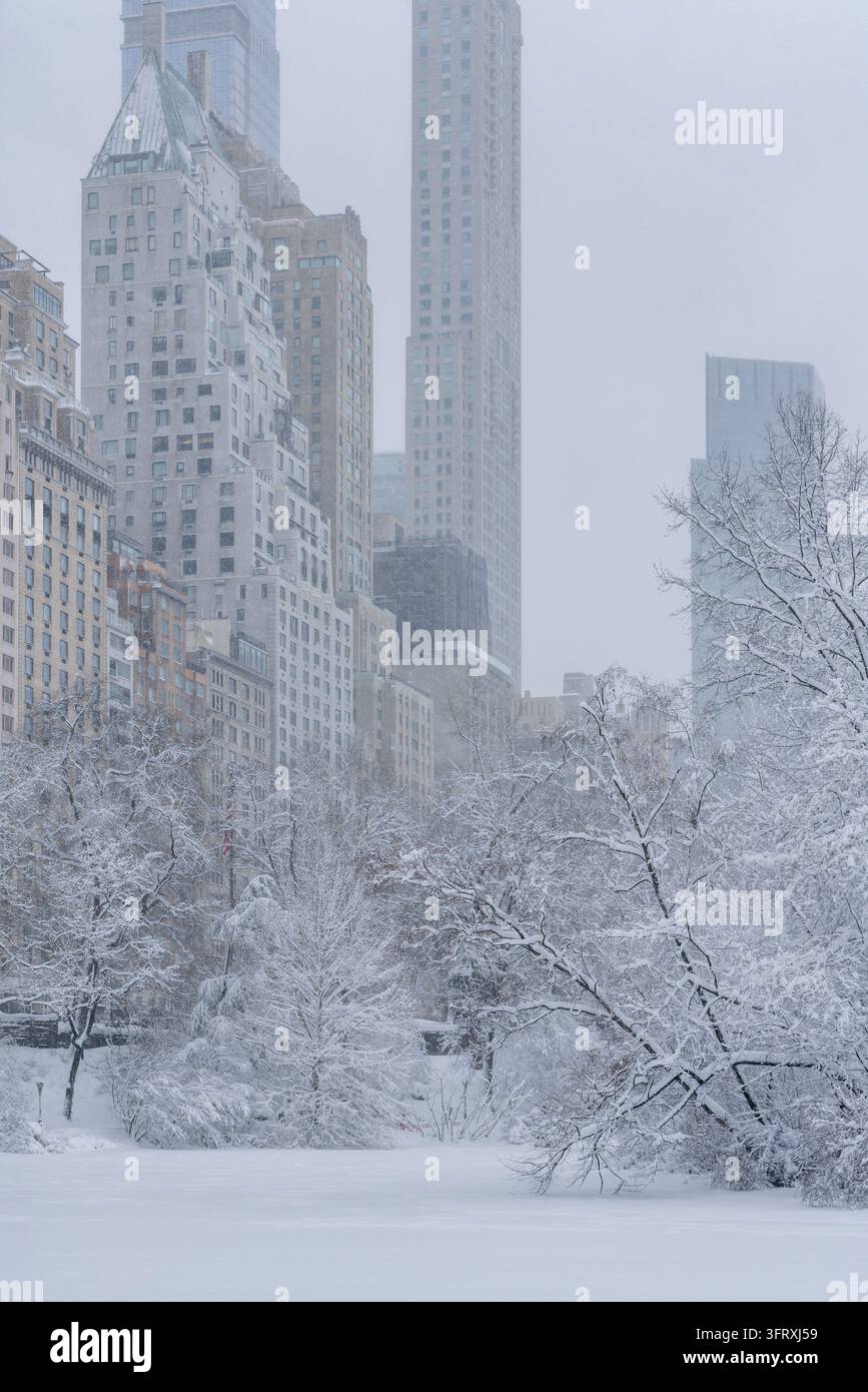 Central Park de New York City pendant une tempête hivernale, avec les gratte-ciel de Manhattan et Billionaires Row s'estompant dans l'atmosphère enneigée Banque D'Images