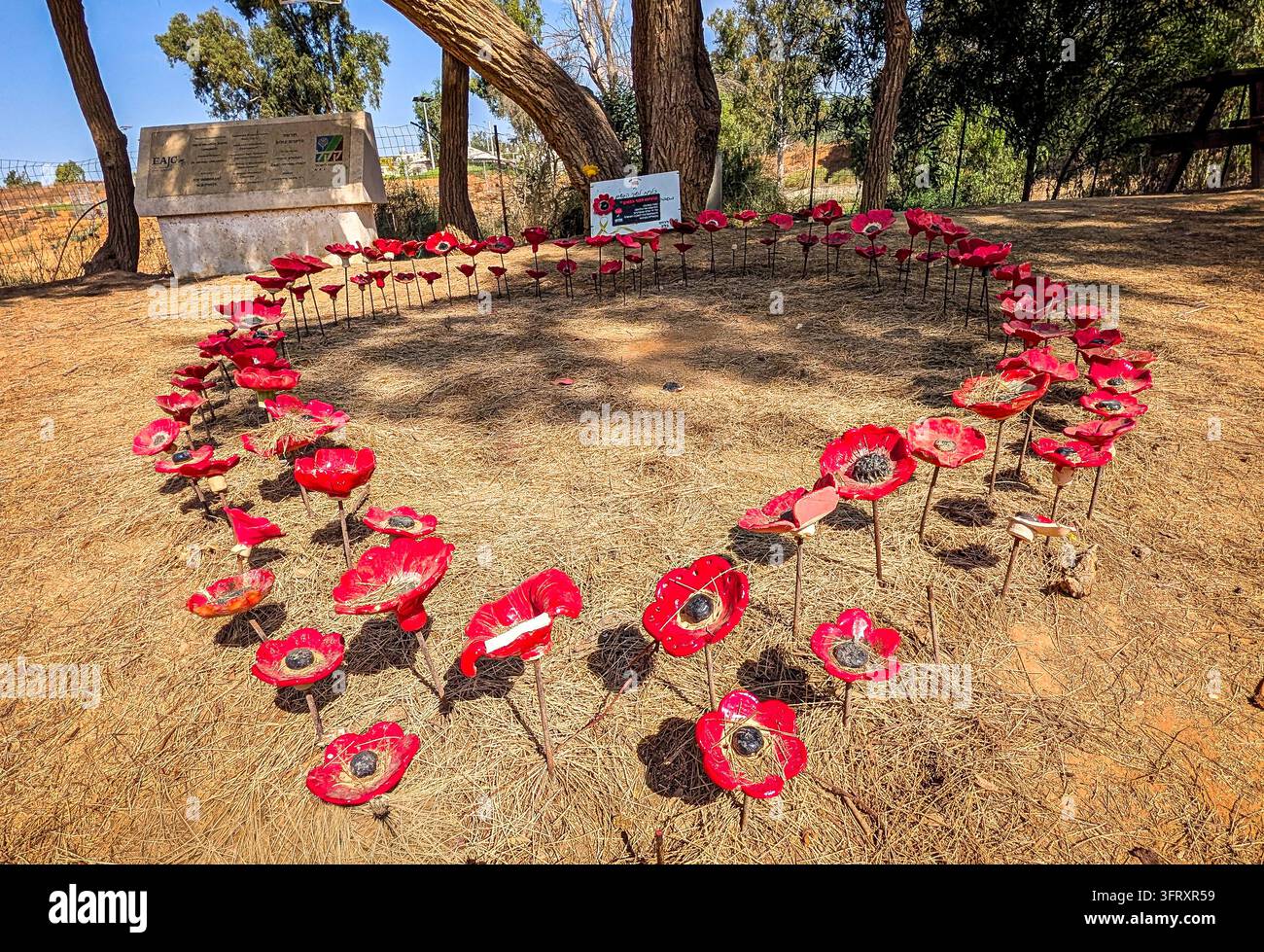 Un mémorial en forme de cœur fait de coquelicots en céramique (kalaniot) au Kibbutz Ruhama pour les victimes massacrées à Kfar Aza, Israël, par le Hamas le 7 octobre 2023 - Image de stock capturée avec un smartphone
