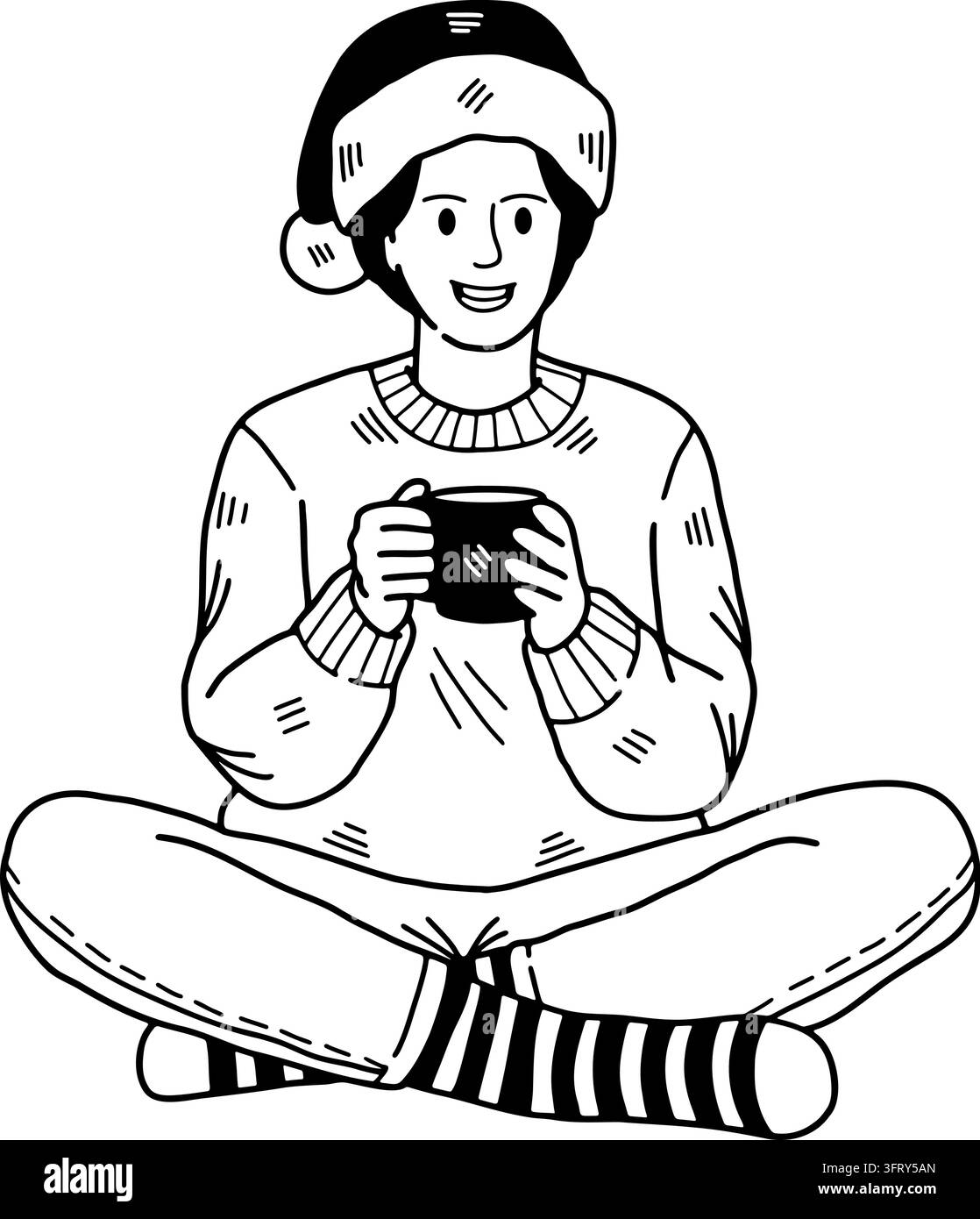 Illustration en noir et blanc d'un homme portant un bonnet du Père Noël et buvant du chocolat chaud Illustration de Vecteur