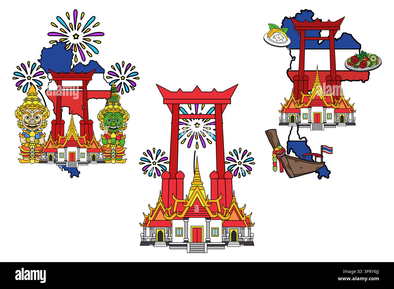Carte de la Thaïlande Temples thaïlandais amour pour la Thaïlande bateaux à longue queue feux d'artifice et Grande Swing Illustration de Vecteur