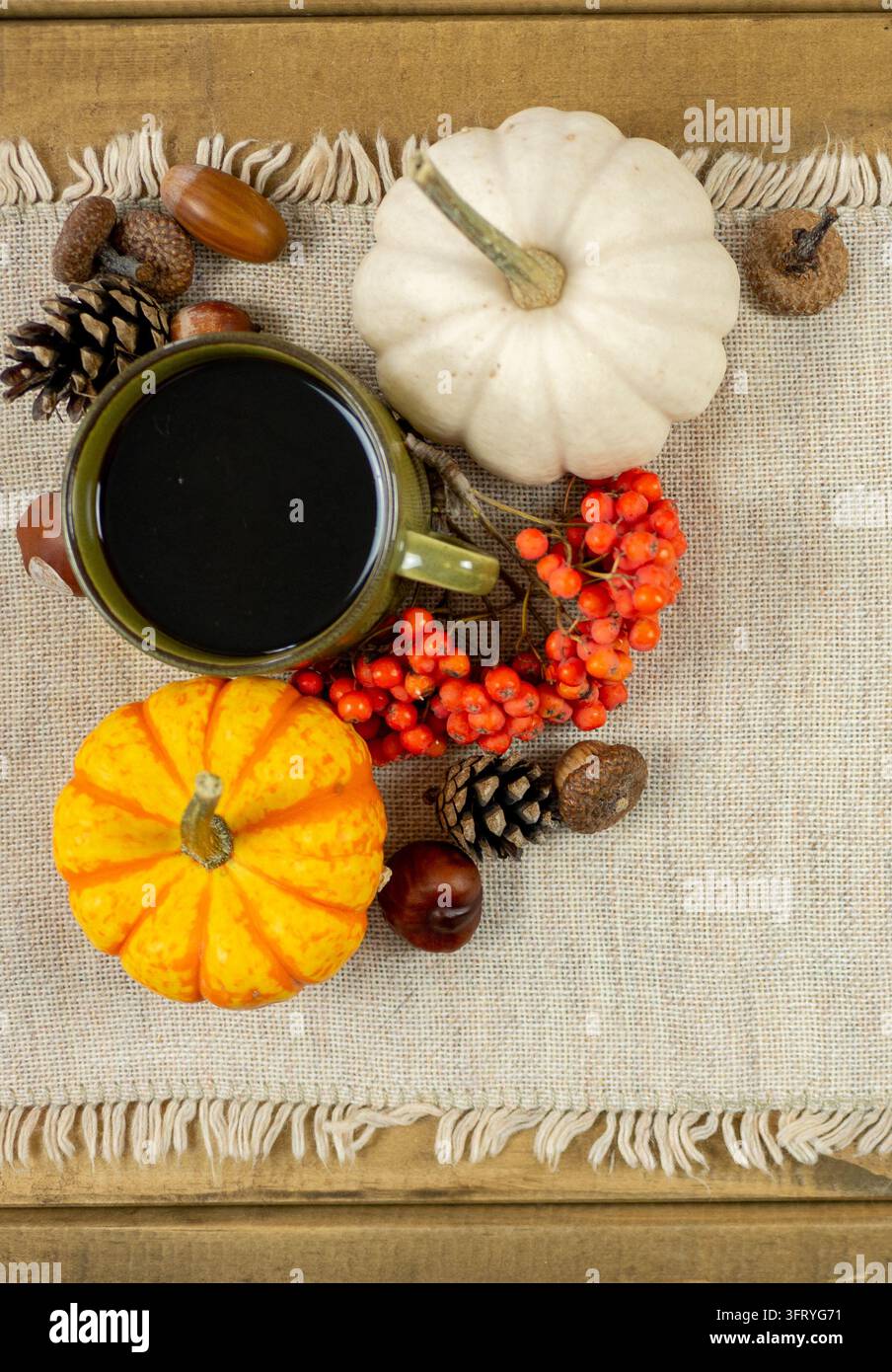 Fond automnal vertical avec tasse de café, citrouilles, pommes de pin et baies de sorbier sur tissu en lin, ambiance automnale en portrait avec espace de copie Banque D'Images