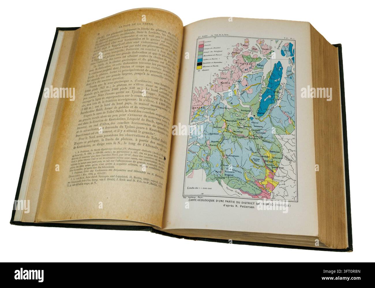 Carte géologique de la Norvège dans un vieux livre publié en 1900, La Face de la Terre, avec des pages jaunies par le temps Banque D'Images