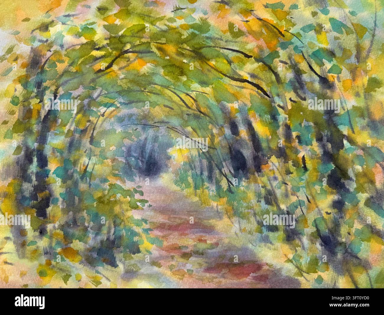 Rays de soleil dans une forêt d'automne fond aquarelle abstrait Banque D'Images