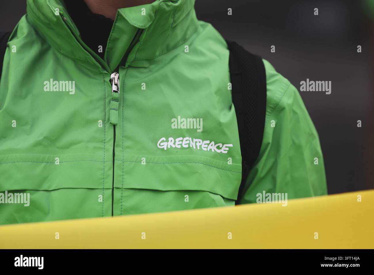 Bucarest, Roumanie - 13 octobre 2026 : Détails avec le logo Greenpeace sur les vêtements d'une personne lors d'une manifestation. Banque D'Images