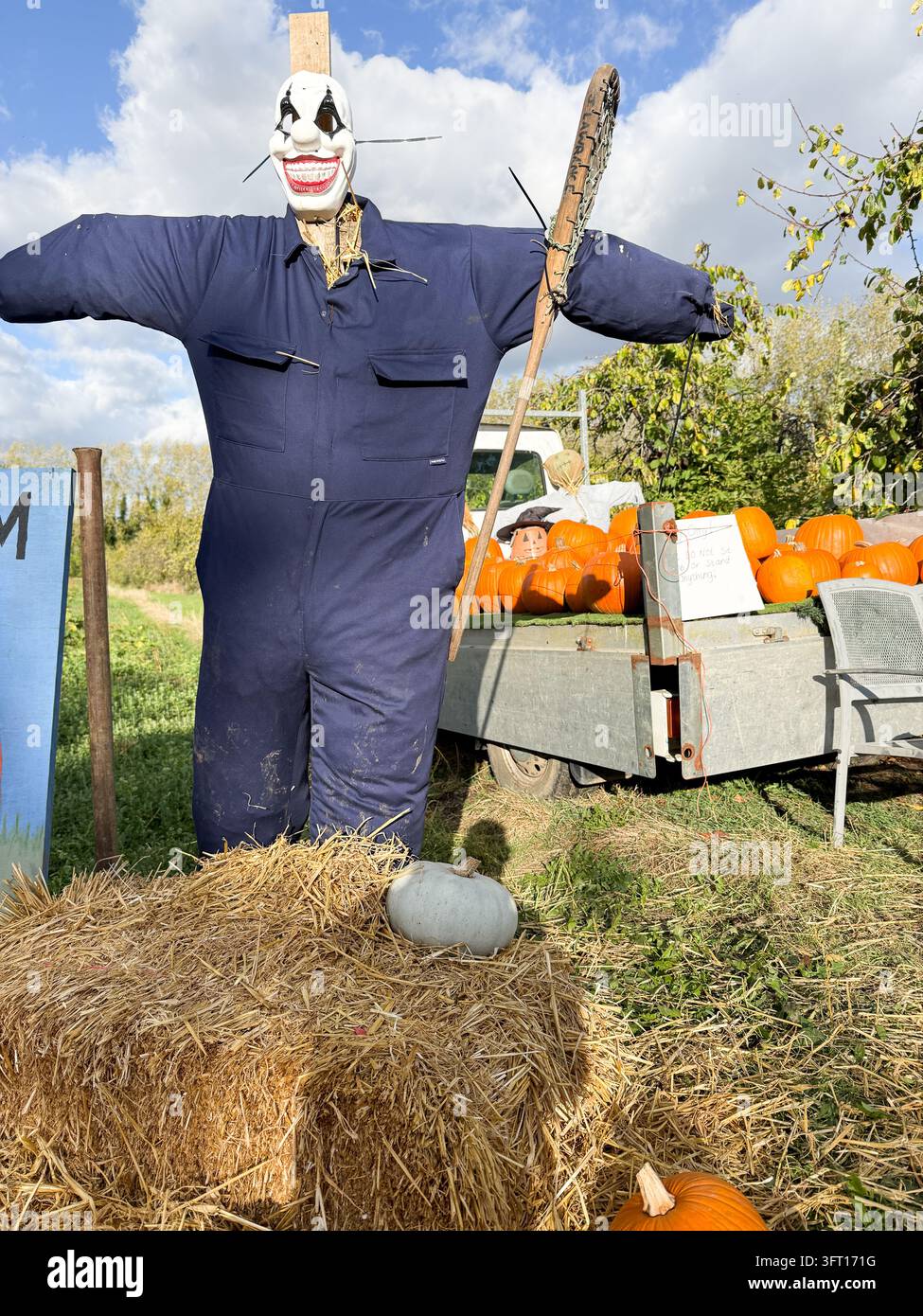 Epouvantail portant une salopette bleue et un masque de clown, debout à côté de balles de foin et d'une remorque de citrouilles dans un champ de citrouilles à Kent, Angleterre, Royaume-Uni. Pris i Banque D'Images