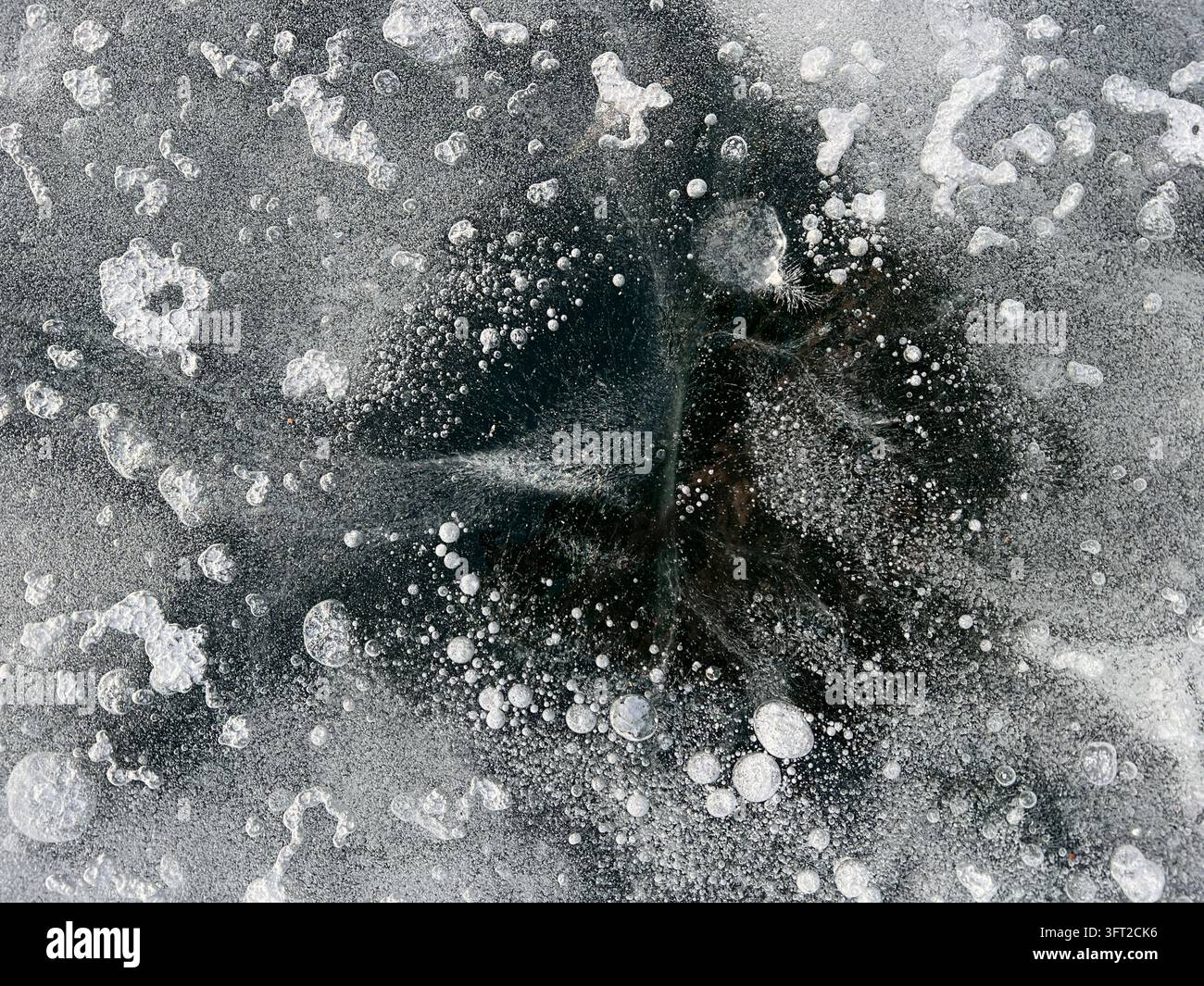 Grossissement d'une surface de lac gelée avec des bulles d'air piégées, des formations d'ice irrégulières et de la glace sombre et transparente. Texture naturelle de glace hivernale pour fond Banque D'Images
