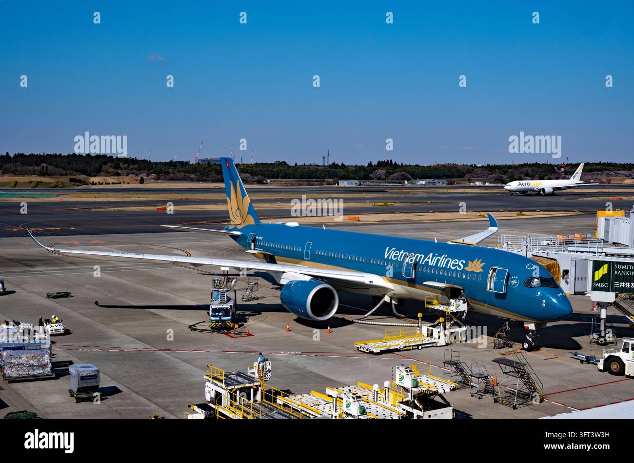 Un avion à réaction bleu de Vietnam Airlines sur le tarmac en cours de maintenance à l'aéroport international de Narita (成田国際空港) dans la préfecture de Chiba, au Japon. Banque D'Images