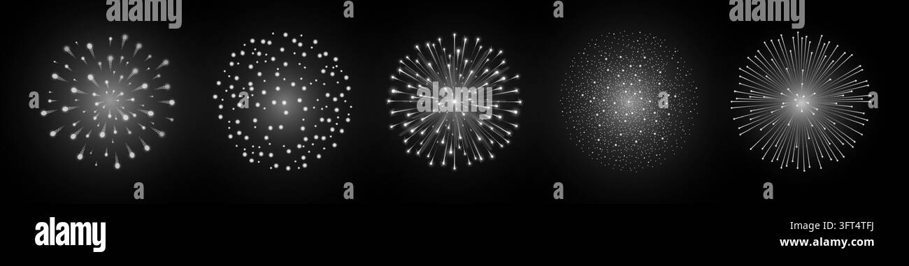 Pack de feux d'artifice réaliste argenté isolé sur fond noir. Élément de fête détaillé en PNG pour feux d'artifice. Étoiles, paillettes, étincelles. Fête de luxe Illustration de Vecteur