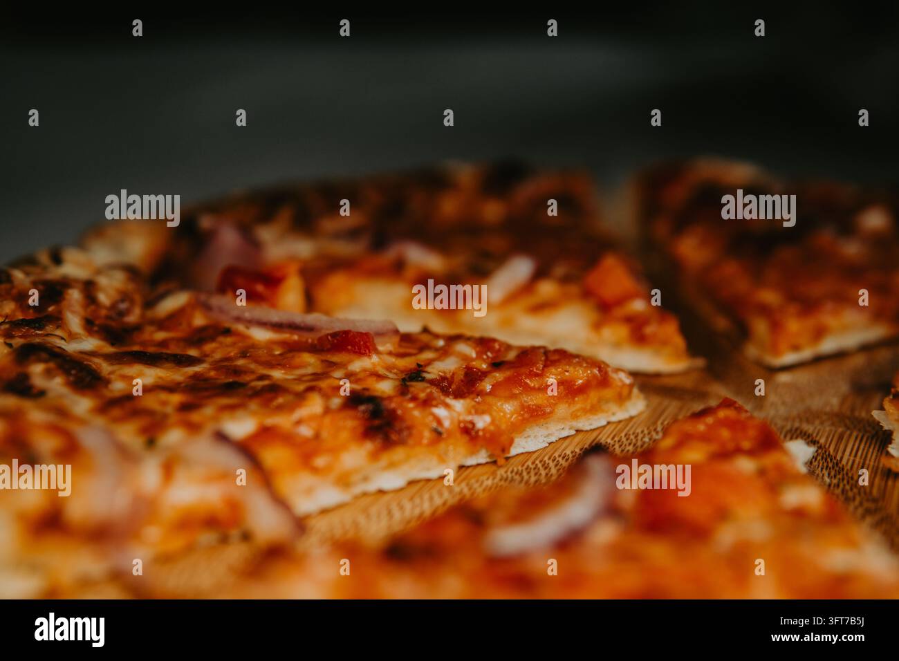 Photographie horizontale en gros plan d'une pizza maison fraîchement cuite tranchée avec du fromage mozzarella fondu, de la sauce tomate et des oignons rouges Banque D'Images