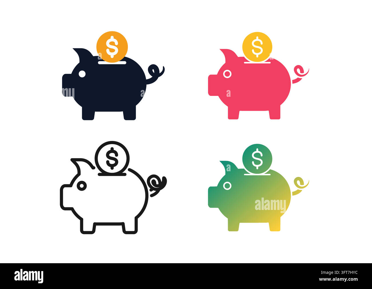 Ensemble d'icônes vectorielles représentant des tirelires avec des pièces de monnaie en dollars déposées, illustrant l'épargne, les fonds d'investissement et l'accumulation de capital. Desig Illustration de Vecteur