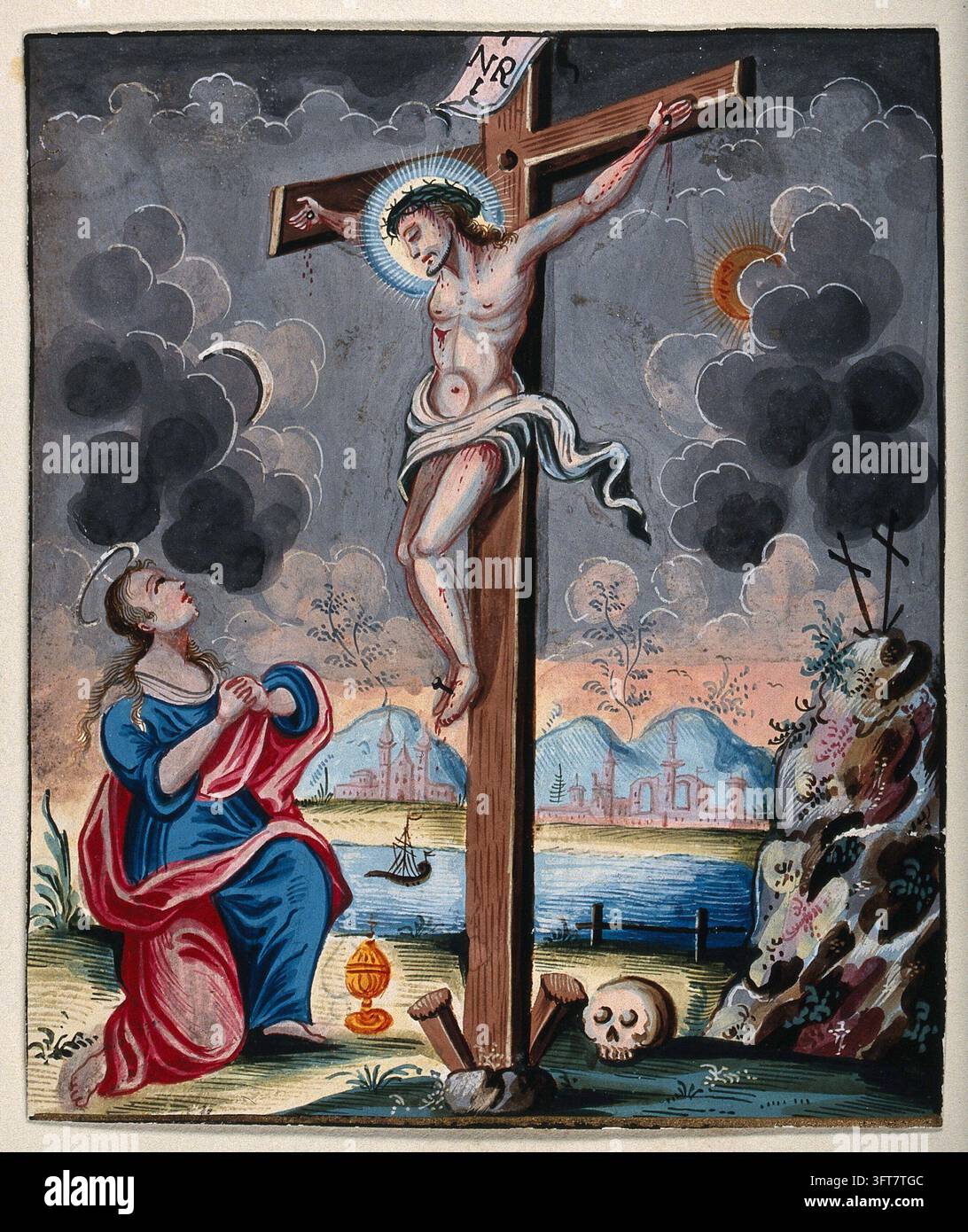 Sainte Marie-Madeleine serre ses mains devant le Christ crucifié. Peinture à l'aquarelle Banque D'Images
