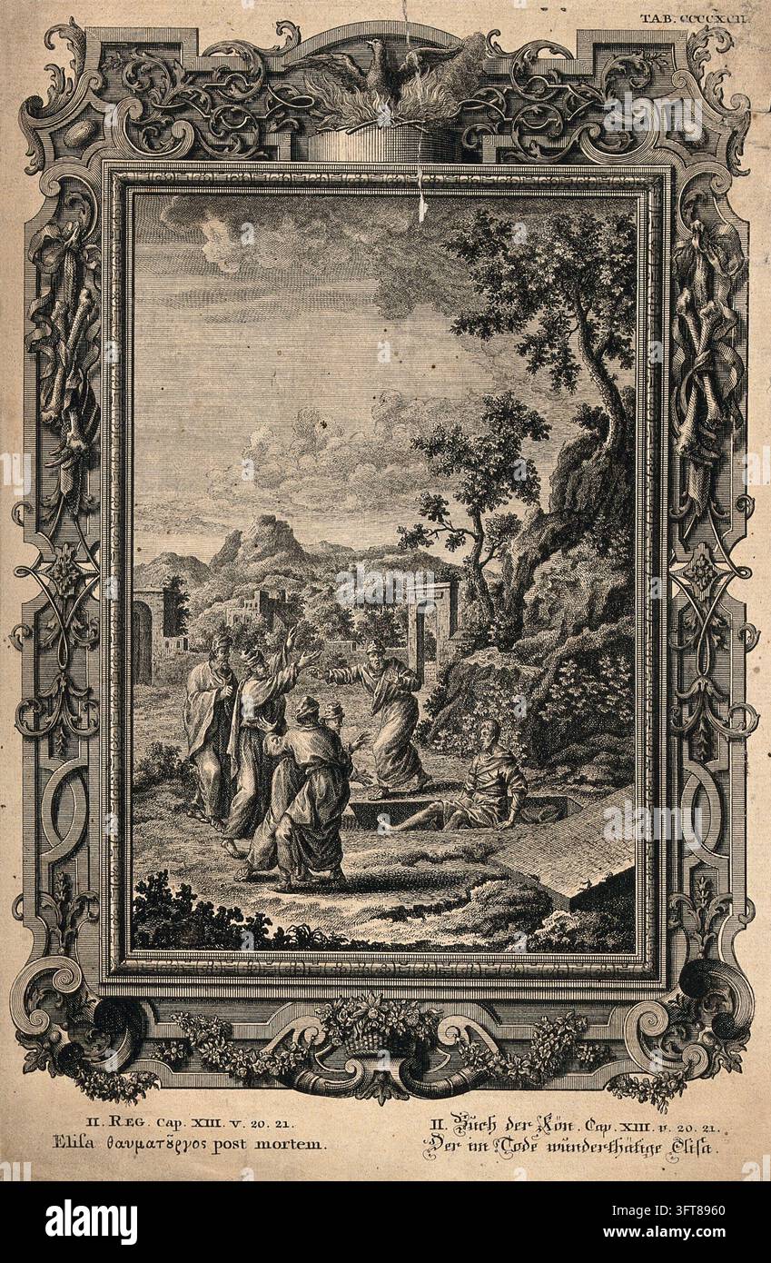 Le squelette d'Elisha exerce un pouvoir magique lorsqu'un soldat mort tombé dans sa tombe est ramené à la vie. Gravure de M. Tyroff, c. 1735 Banque D'Images